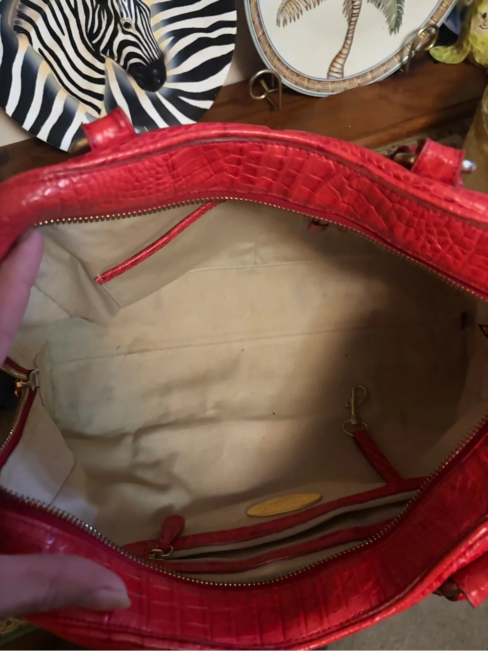 Brahmin Red Croc-Embossed Satchel with Gold Hardware